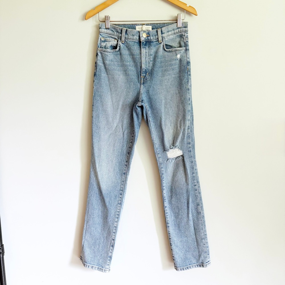 Current Elliott High Rise Distressed Straight Leg Jeans Sz 26 Light Wash Stretch